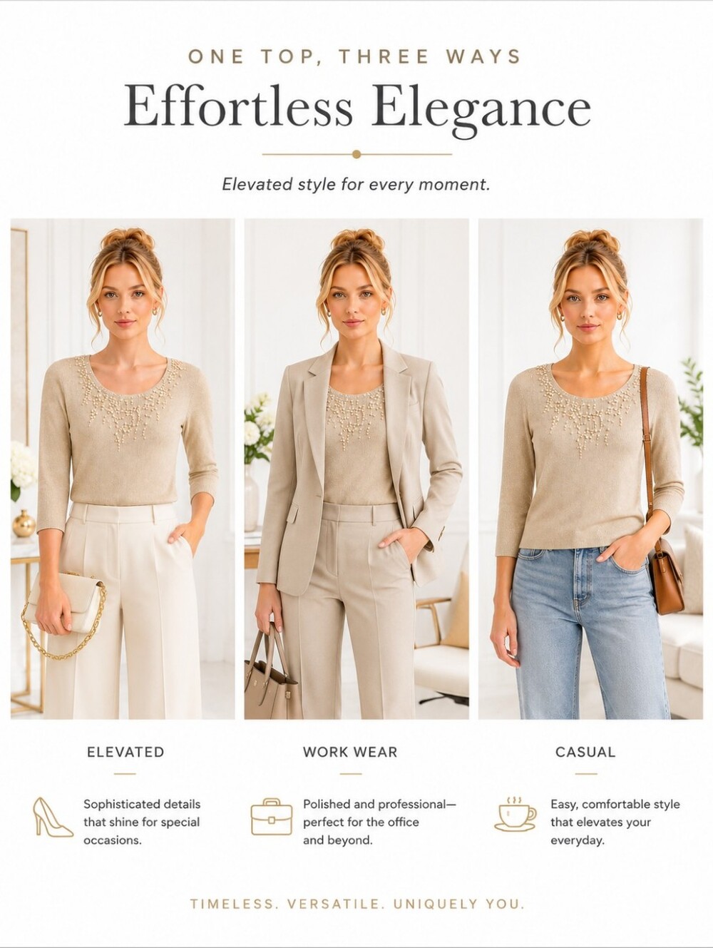 August Silk | Beige Shimmer Knit Top  Pearl Embellished 3/4 Sleeve Size: M - Picture 3 of 8